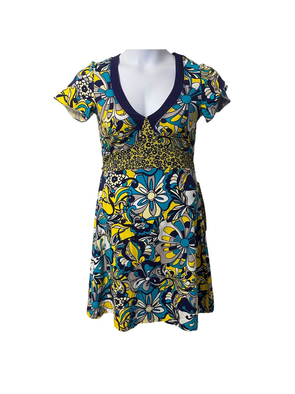 EDC by Esprit Vintage Blue & Yellow Floral A-Line Shirt Dress Retro Y2K Sz M